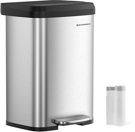 SONGMICS ULTB530E50 Küchenabfalleimer, Edelstahl, mit offenem Deckel und Trittpedal, Softverschluss, hoch, groß und platzsparend, silberfarben/schwarz