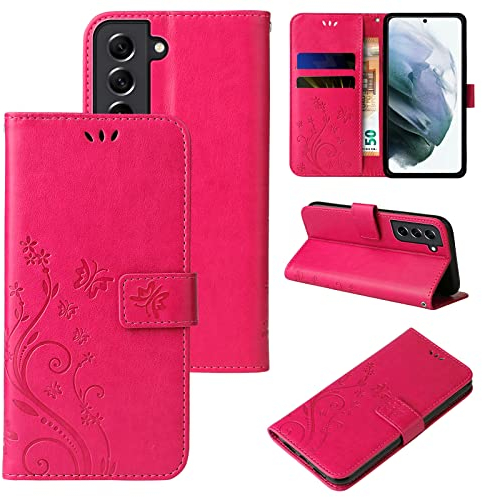 LBH Handy Hülle für Samsung Galaxy S21 5G Case Handytasche Schmetterling Blumen Flower Standfunktion Schutzhülle Magnet Rundum Schutz 360 Grad Flipcase Cover Pink