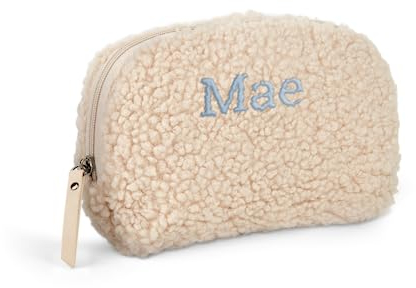Trousse de Maquillage Personnalisée – Cadeau pour Anniversaire, Trousse de Maquillage avec Prénom en Broderie Beige (17X26 CM)