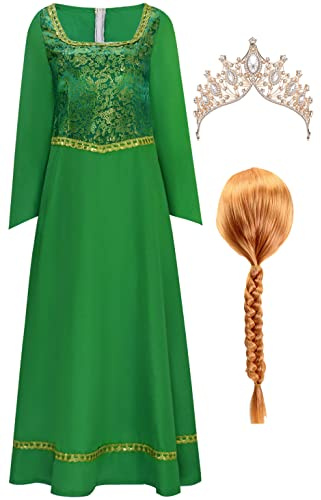 Yanny Prinzessin Fiona Kostüm Erwachsene Damen Fiona Cosplay Abschlussball Grünes Kleid mit Perücke (Stil 1, X-Large)
