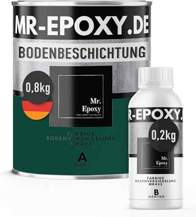 Mr. Epoxy Epoxidharz Bodenbeschichtung (1 kg, RAL 6005 Moosgrün) | 2K Betonfarbe für Garagen, Keller & Werkstatt Boden - Flüssigkunststoff Epoxid Grundierung und Bodenversiegelung