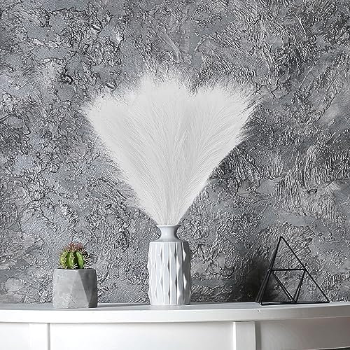 wintfarm 6Pcs Faux Pampas Grass, 18/45cm can be Extended to 22/55cm, Fluffy Artificial Flower Arrangement and Vase Filler for Wedding Bedroom Living Room Boho Home Decor(White)