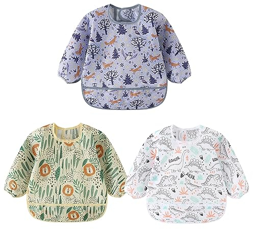 Yealoo Paquete de 3 Babero con Mangas Impermeable 6-34 Meses Baberos Babetes Bebe lavables