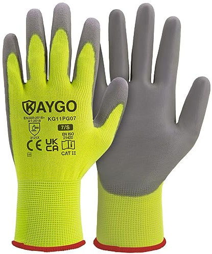 KAYGO Work Gloves PU Coated with Good Grip for Men and Women, KG11PG | 12 Pairs Safety Working Gloves, 13G Seamless Knit, Breathable and Lightweight, Ideal for General Duty (Bright Green, Small)