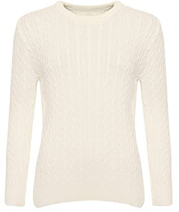 HUBIBUBI Ladies Long Sleeve Round Neck Knitted Cable Women’s Jumper Knitted Sweater Pull Over Jumper Top Knit Warm Winter Chunky Everyday Casual Pullover Plain Tops Sizes 8-26 Cream