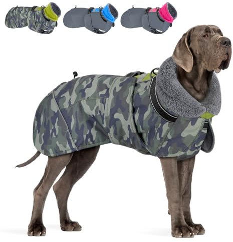 Eyein Hundemantel Winter für Große Hunde, Wasserdicht Hundejacke mit warmem Fleecefutter und Halsband, Winddichter Wintermantel Hund mit Bauchschutz und Verstellbarem Brustriemen, Grün, XXL