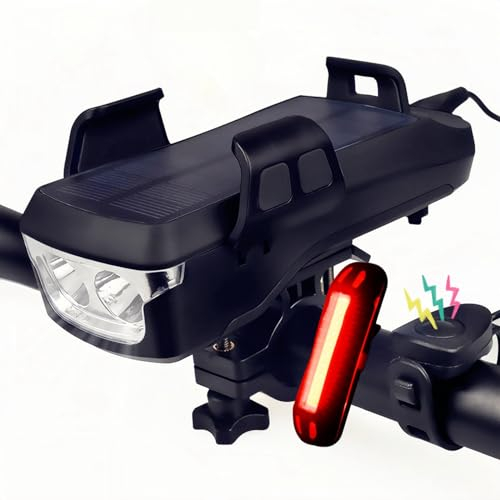 Lumiere Velo, 5-en-1 Lampe De Vélo Solaire avec Support pour Téléphone Et Klaxon (Black 4000mAh)