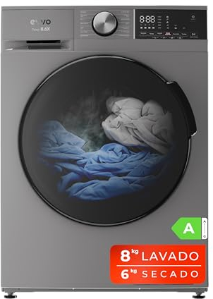 EVVO Lavadora secadora 8 kg + 6 kg, Vapor, Motor Inverter, Lavado y Secado en 1 Hora, Tambor ePROTECT, Smart LOAD, 1400 rpm, Clase energética A, Carga Frontal, Nova (8/6kg, Inox)