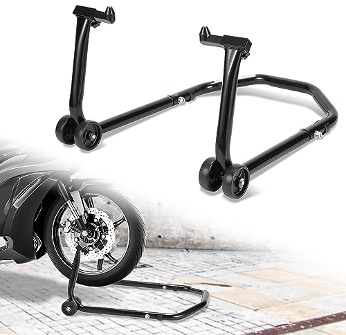 Ansobea Cavalletto per moto anteriore, supporto per moto, fino a 300 kg, sollevatore anteriore in acciaio, supporto per moto con ruote doppie, supporto per moto ad alta stabilità (nero)