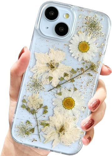 AMART for iPhone 13/ iPhone 14/ iPhone 15 Case Flowers, Clear with Pressed Dried Flower Cute Glitter Design Women Girls Floral Aesthetic Soft TPU Phone Cover for iPhone 15/14/13(6.1 inch)
