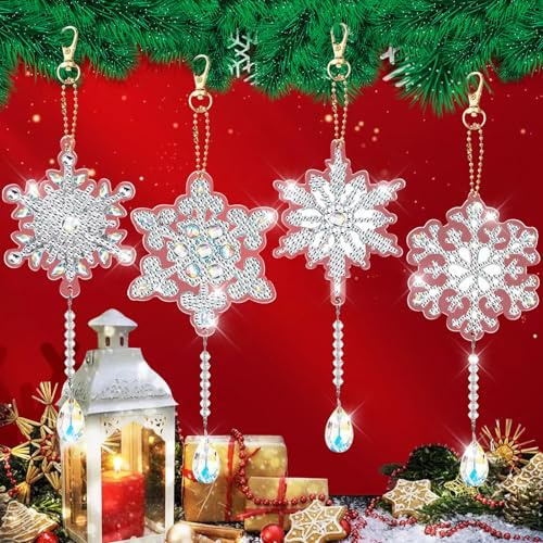 Diamond Painting Weihnachten Anhänger Schneeflocken 4 Stück | Diamant Painting Weihnachten,5DWeihnachten Diamond Schlüsselanhänger Beidseitig,Schneeflocken DIY