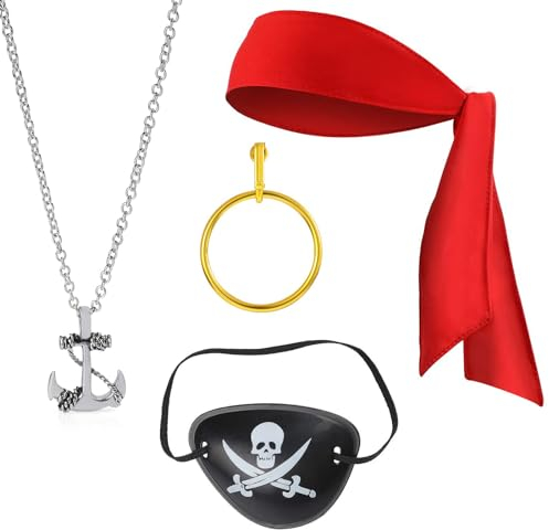 Hifot 4 Stück Piratenkostüm Damen,Piraten Kostüm Zubehör Augenklappe Pirat Kopftuch Halskette Ohrringe Piraten Kostüm Erwachsene für Karneval Verkleidung Cosplay Halloween