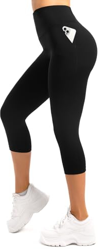 Leafigure Capri Leggings Damen mit Taschen 3/4 Leggins High Waist Fitness Shorts Blickdichte Sportshorts Schwarz LXL