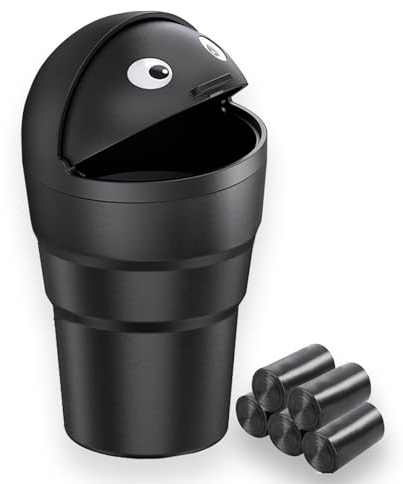 VBGURR Car Bin with Trash Bags,Cute Car Trash Can with Lid,Flip-top Design Car Bins for Front of Car,Small Trash Can for Car, Office, Home (1 PC Car Bin with 5 Rolls Trash Bags)