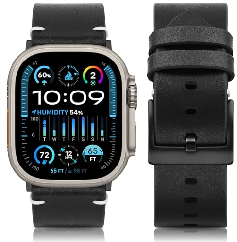 HITZEE Lederarmband Kompatibel mit Apple Watch Armband 49mm 46mm 45mm 44mm 42mm, Handgefertigtes Vintage Echte Leder Ersatzarmband Kompatibel mit iWatch Ultra 2 SE Serie 10 9 8 7 6 5 4 3, Schwarz