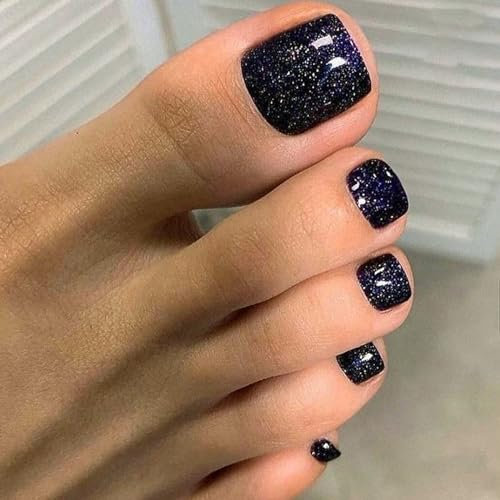 24Pcs Black Glitter Press on False Toe Nails - Square Short Acrylic Stick on Toes - Natural False Toenails with Glue - Glossy Reusable Artificial Stick on Fake Toe Nails for Women Nail Salon