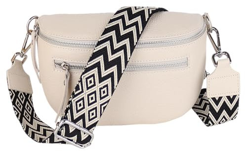 MIRROSI® Damen Bauchtasche Umhängetasche 27x14,5x8cm Damen, Made in Italy, aus Echtleder Tasche Echtes Leder, Brusttasche, Crossbody Bag,Bohemian Style (1 Tasche 2 Gurte) (Beige Boho schwarz)