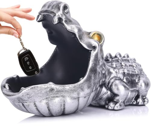 LCCCK Krokodil-Süßigkeitenschale, lustige Krokodil-Statue, Schlüsselschale für den Eingangstisch, silberne große Mund-Skulptur, seltsame Tier-Nilpferd-Süßigkeitenschale – für Büro, Eingang, Tisch,