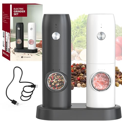 CIRCLE JOY Juego de Molinillo Eléctrico de Sal y Pimienta con Base de Carga Doble, Cepillo, Luz LED Blanca, Grosor Ajustable y Operación Automática con Una Sola Mano, Negro Blanco