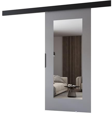 MINIO go for it - Schiebetüren 76 cm mit Spiegel, Schiebetür Zimmertür PRIM I, Schiebetürsystem für Zimmer, Dekorative Elemente, Wandmontage, Türe Innen - Grau/Schwarz