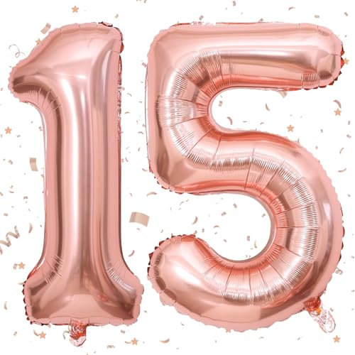 VUCDXOP Rose Gold Number 15 Balloon, 40 Helium Foil Balloon, 1 Count, Unisex-Adults, 15th Birthday & Anniversary Party Decoration