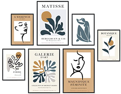 Hyggelig Home Premium Poster Set - 7 hochwertige Poster im Kunstdruck bunt Bauhaus Matisse aesthetic - für Wohnzimmer Schlafzimmer Esszimmer Flur - Set Magnifique - Mit Rahmen schwarz