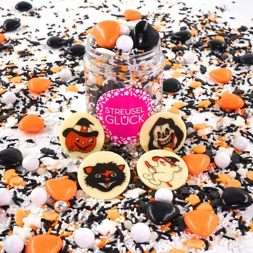 Streusel Glück Halloween Süßes oder Saures weiss orange schwarz 90g Halloweenstreusel Fledermäuse Geister | essbare Tortendeko | Zuckerstreusel Plätzchendeko Plätzchen Kekse verzieren | Sprinkles