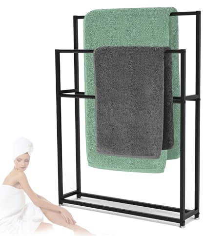 Portasciugamani da Terra in Ferro Battuto, Piantana Portasalviette Bagno Autoportante Porta asciugamani con 2 Bracci, Supporto per Asciugare Asciugamani, Vestiti, Coperte (Black, 75×20×110cm)