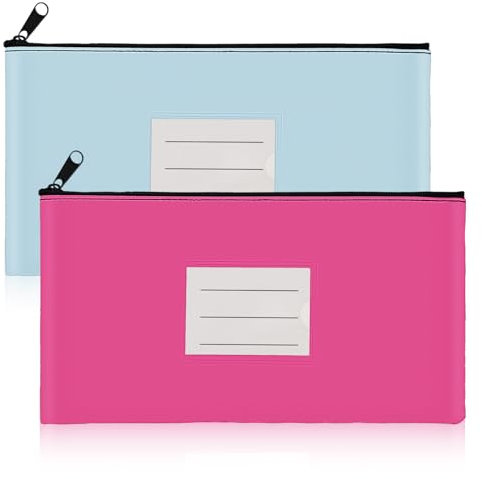 Lot de 2 sacs de dépôt bancaire avec fermeture éclair, pochettes en cuir synthétique avec étiquette, 28 x 15 cm, pour pièces de monnaie, cosmétiques, factures, outils, rose vif et bleu clair
