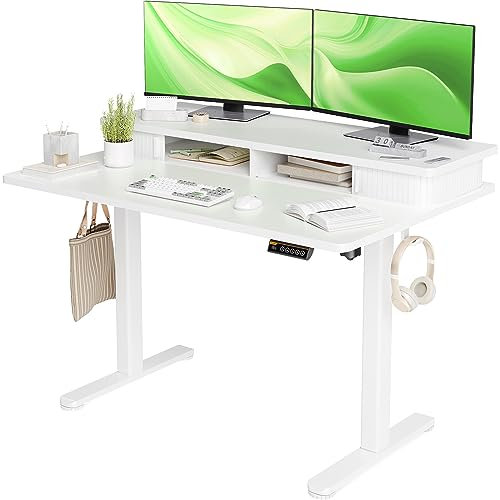 Claiks Standing Desk with Monitor Stand, 120x60cm Adjustable Standing Desk with Roller Shutter Door, Computer Desk with Storage Shelves,White