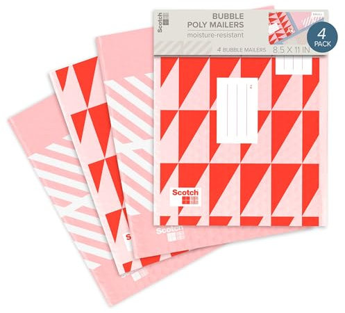 Scotch Poly Bubble Mailers, Assorted Red Designs, Size 2 Small, 8.5 in x 11 in, 4 Mailers