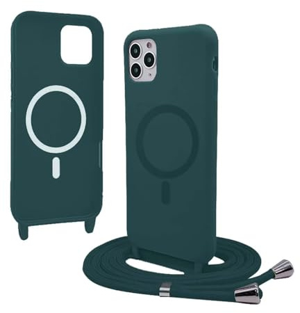 Bigcousin Handykette für iPhone 13 Pro 6,1 Zoll Hülle mit Band,Magnetisch kompatibel mit Magsafe,Silikon Necklace Handyhülle mit verstellbar und abnehmbar,Dunkelgrün