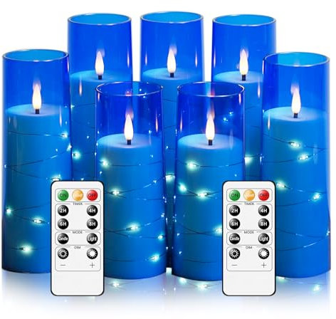 Flameless Candles,with Embedded Star String, Battery Operated Candles Flickering LED Pillar Candles with Remote Control and Timer, Home Decoration Add a Warm and Romantic Atmosphere，Set of 7 (Blue)