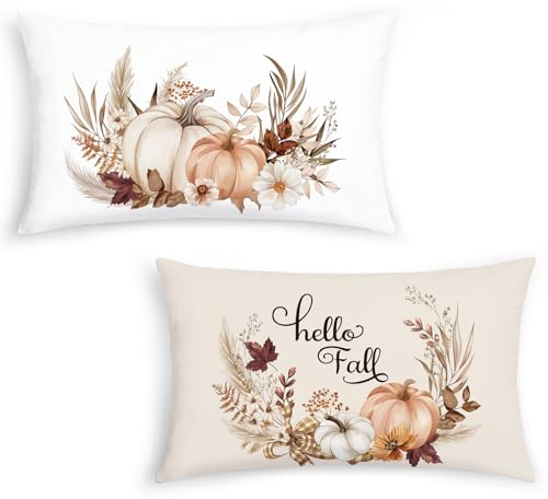 Bonhause 2er Set Kissenbezüge Herbst Kürbis 30 x 50 cm Beige Orange Kürbisse Blumen Dekorative Kissenhülle Zierkissenbezüge für Sofa Zuhause Herbst Erntedankfest Dekoration