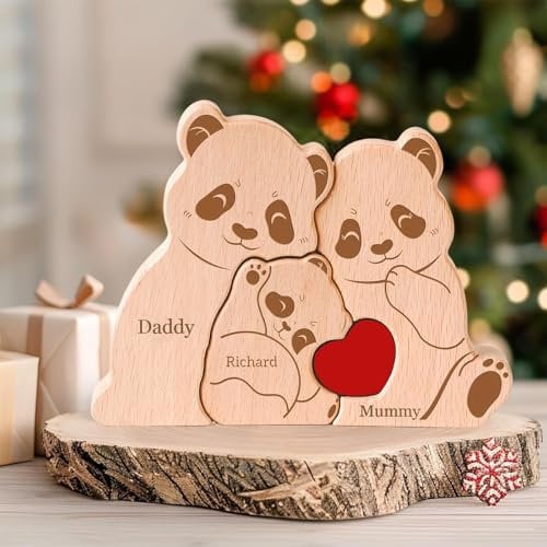 Personalized Wooden Bear Puzzle with 2-7 Family Name Custom Name Sculpture Personalised Gifts for Mom Dad Mother’s Day, Father's Day, Birthdays Anniversary (D-1)