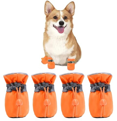 COYUN 4 Stück Hundeschuhe Paw Protector, rutschfeste Socken für Hunde, Hundeschuhe mit reflektierenden Riemen, Schuhe für verstellbar, Pfotenschutz für Hunde, Orange