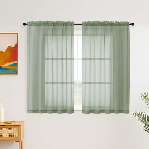 Simplebrand Salbeigrün Transparente Vorhänge für Schlafzimmer 150 x 122 cm 2 Paneele, Kurze Durchsichtige Küchenvorhänge, Stufengardinen mit Stangentasche, Café-Stil für Badezimmer und Kleine Fenster