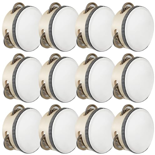 12 Stück 10,2 cm große Holz-Tamburine, einreihiges Hand-Percussion-Werkzeug mit Polyester und Schaffell-Trommelkopf, ideal für Tanzkurse, Hochzeiten und Versammlungen