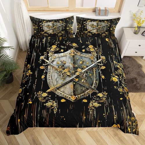 Homewish Ritter Bettwäsche Goldenes Schwert bettbezug Set 135x200cm für Kinder,Mittelalterlicher Soldat Rustikal Gestreift Bettwäscheset Retro Blumen Gemälde Geometrisch bettset 1 Kissenbezug