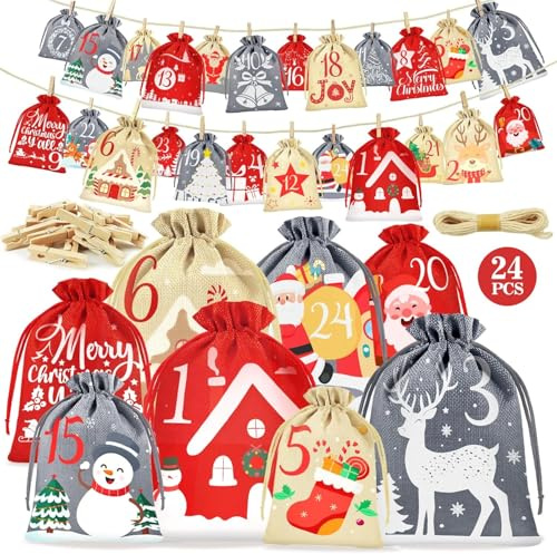 Adventskalender zum Befüllen Kinder 24 Säckchen, 2026 Weihnachtskalender Selber Befüllen 4 Größen, DIY Adventskalender Säckchen Santa Claus für Kinder und Erwachsene
