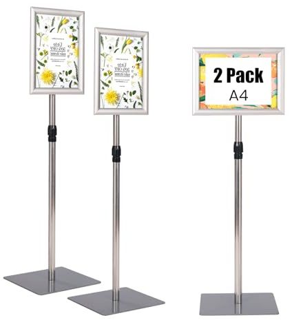COSTWAY Porte Affiche sur Pied A4 Lot de 2, Présentoir sur Pied 360 °, Hauteur Réglable 73,5-118 cm, Cadre en Alliage d'Alu, Tube en Acier INOX, Support Affichage A4 Intérieur Extérieur (Argent x 2)