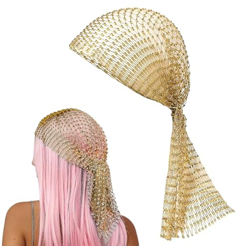 RuiChy Netz-Stirnband mit Strass, ausgehöhlt, Glitzer-Pailletten, Kopftuch, Schleierkappe, elastisch, Nachtclub-Kopfbedeckung, Turban-Kappen, Haarschmuck für Frauen (Gold)