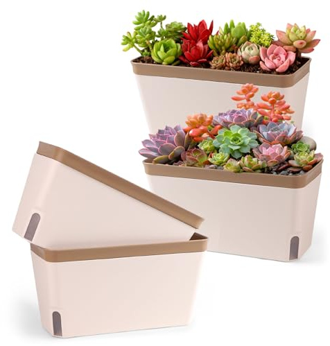 lalago Vaso da fiori con sistema di auto-irrigazione, set di 4 fioriere da 27 cm con sistema di irrigazione ERD, vasi da fiori rettangolari in plastica per cucina, balcone e davanzale (marrone)