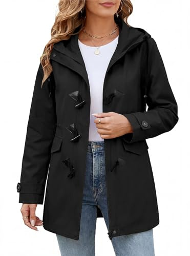 Yuson Girl Veste Femme mi Saison Léger Blouson à Capuche Manteau en Coton Décontractée Veste de Printemps Manteau en Corne Coupe Vent D'extérieur Parka avec Cordon de Serrage