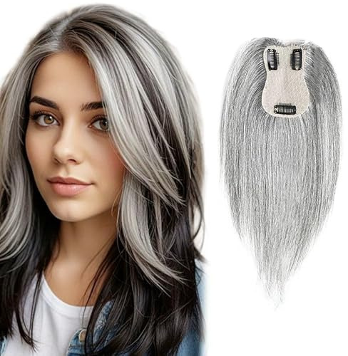100% Echthaar-Topper für Frauen, 11×7 cm Basis Haarteil mit Clips, Echthaar-Topper bei dünnem Haar, Clip-In Haarverlängerung Oberkopf-Haarteil für Frauen, Natürlicher Haartopper 35CM Farbe Grau