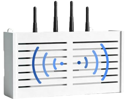 Porta Modem da Parete in Materiale Plastica Legno Bianco 38x20x8.5 cm, Scatola Porta Router WiFi con Anta Ribaltabile per Segnale Ottimale, nascondi Router Muro 2 Metodi Installazione per Casa Ufficio
