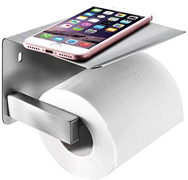 qobobo® Porte Rouleau Papier Toilette Mural en Acier Inox SUS304 Brossé Pour Salle de Bain WC avec Plateforme de rangement/Perçage ou 3M Auto-adhésif