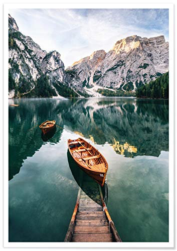 Panorama Poster Lake of Braies Italy 100 x 70 cm - Gedruckt auf 250g-Papier - Nature Wanbilder - Papierplakat Zen Wohnzimmer