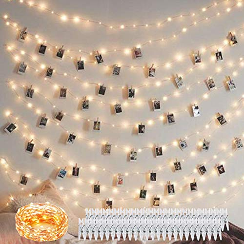 Decute Guirlande lumineuse avec 50 pinces à photos, 100 LED, 10 m, guirlande étoilée, pour accrocher des photos, des cartes, des mémos, alimentée par USB, dortoir, décoration de Noël (blanc chaud)