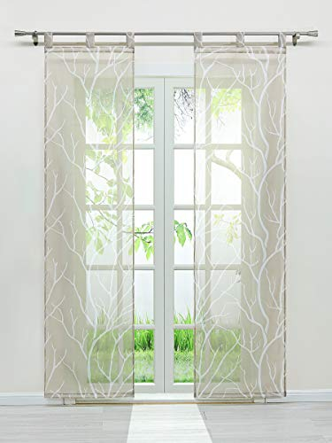 Voile Schiebegardinen mit Äste Muster Flächenvorhänge Vorhang Gardine mit Schlaufen Komplett mit Paneelwagen Beschwerungsstange (2er-Set, je H/B: 145/57 cm)